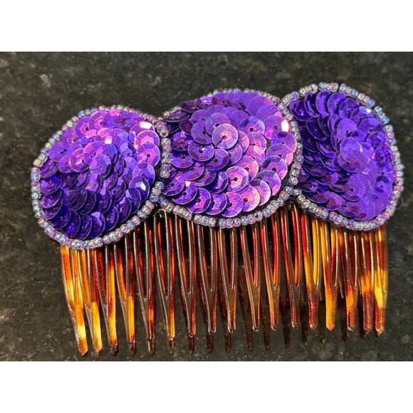 Vtg 1980\'s Purple Sequin 3 Circles Hair Side Comb Beaded Teeth Pick Women\'s main image 5